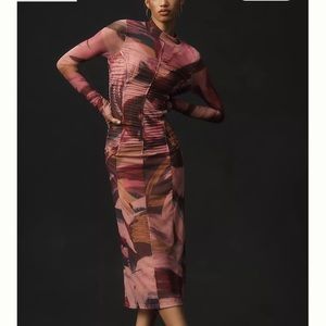 By Anthropologie Long-Sleeve Printed Mesh Midi Dress